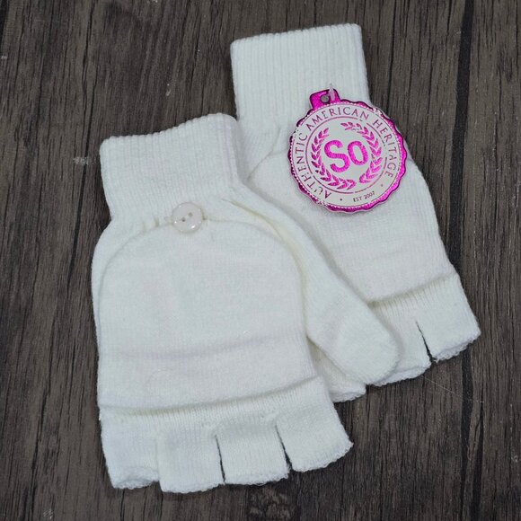 SO ✦ American Heritage Knit Hat Gloves ✦ Ivory Pom Beanie Convertible Fingerless - Picture 3 of 7